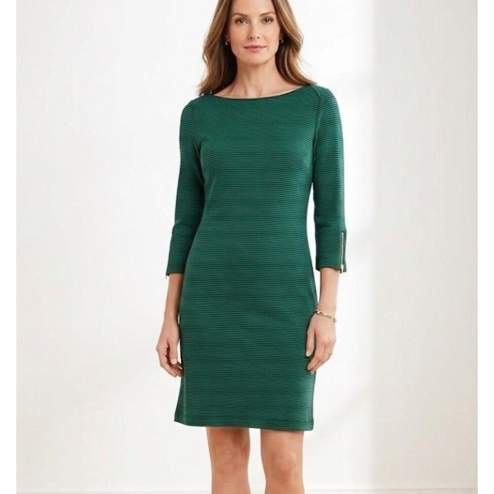 NWOT Talbots Size M Shift Dress Green Striped Nautical Zipper 3/4 Sleeve Preppy